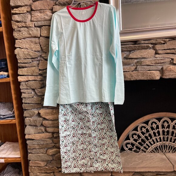 Lands' End Women's Pajama Set Knit Long Sleeve T-Shirt and Flannel Pant, NWT - Picture 1 of 3